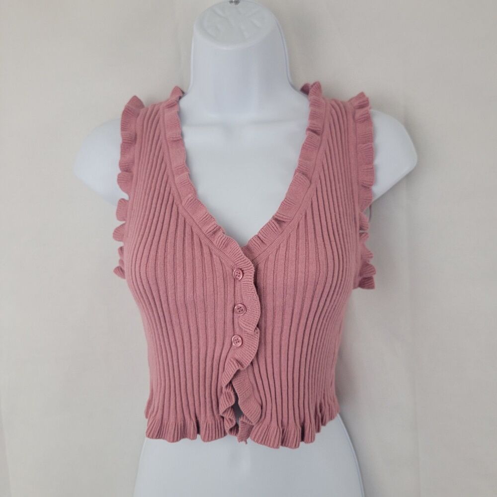 AEROPOSTALE Womens Sweater Top MED Ruffle Button Up Cropped Ribbed PINK Coquette